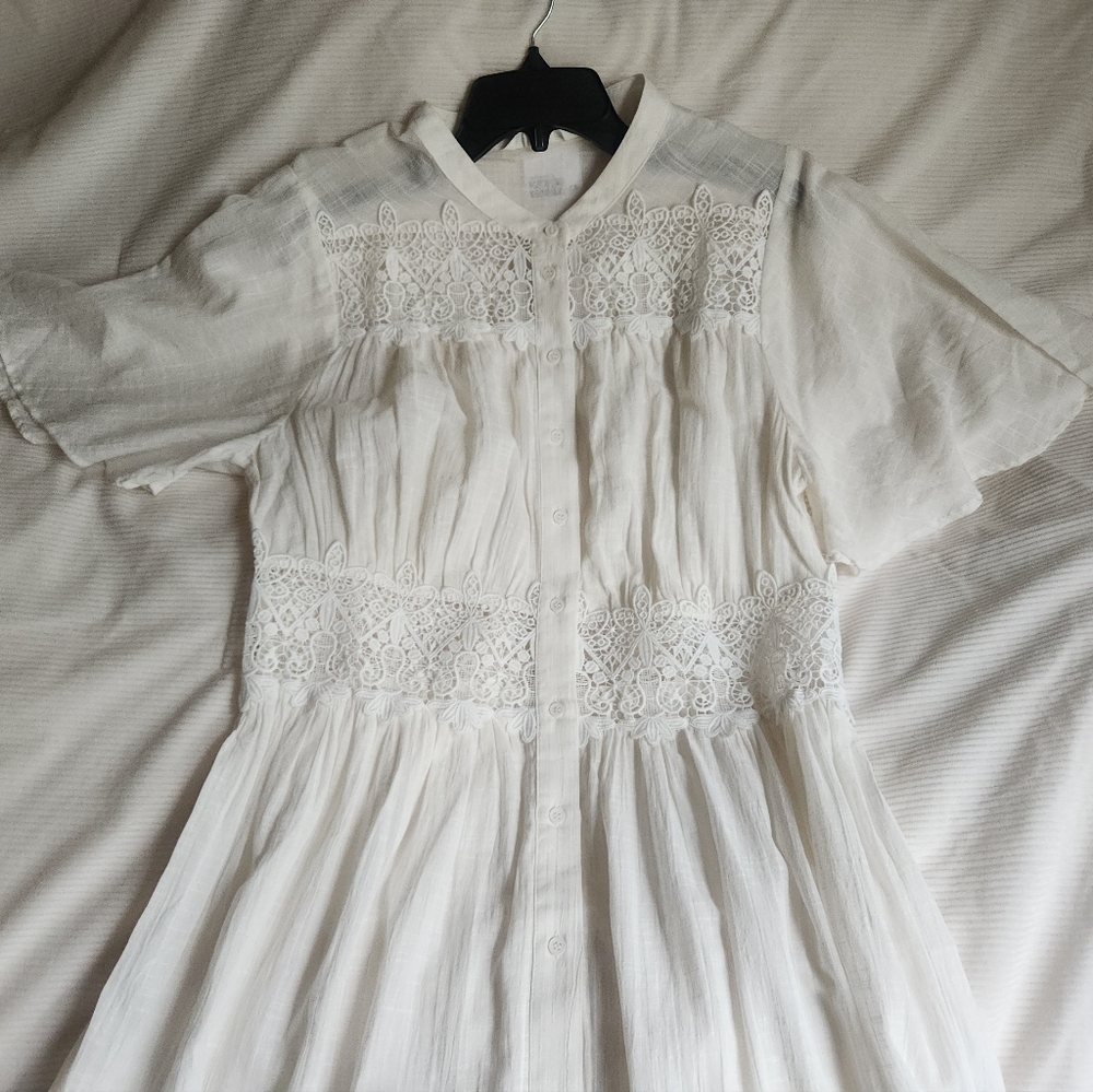 H&M Lace-inset Cotton Maxi Dress Tiered Woven Unlined/See Through White  NWT - Picture 13 of 15